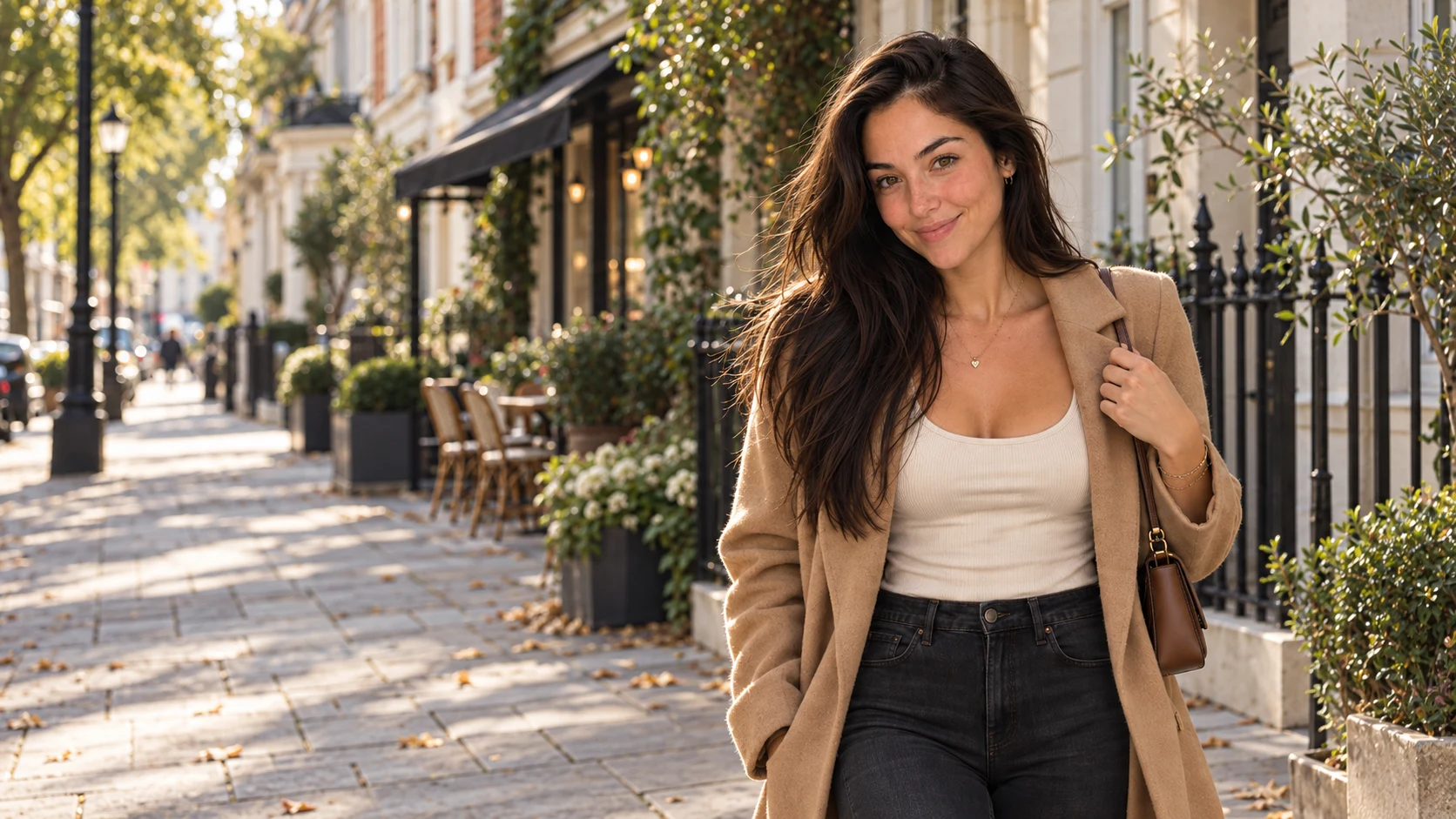 Molly Palmer smiling on a sunlit British street